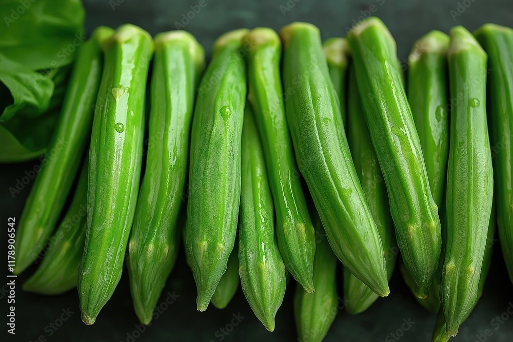 Obraz premium Fresh green okra pods on dark background