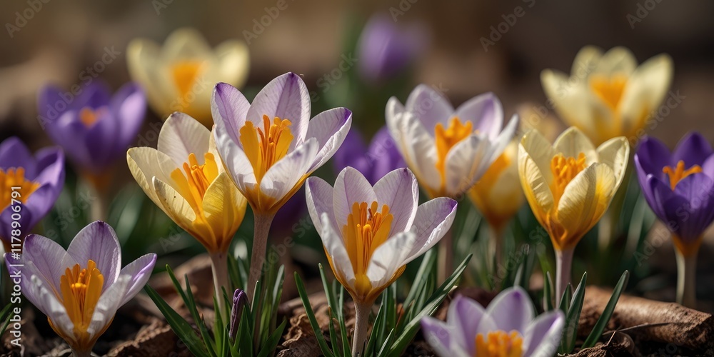 Naklejka premium crocus spring flowers,Golden and Purple Crocuses in Bloom