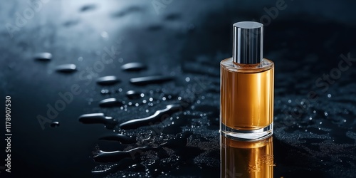 An amber-tinted perfume bottle on a glossy surface with water droplets, highlighting luxury and refinement.
