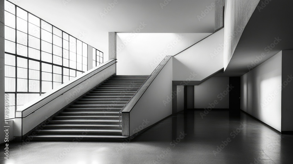 Obraz premium Monochromatic Stairwell: A Study in Architectural Geometry