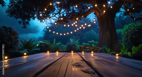 Empty Wood table top with decorative outdoor string lights hanging on trees in the revier nature at sunset time,	
 photo