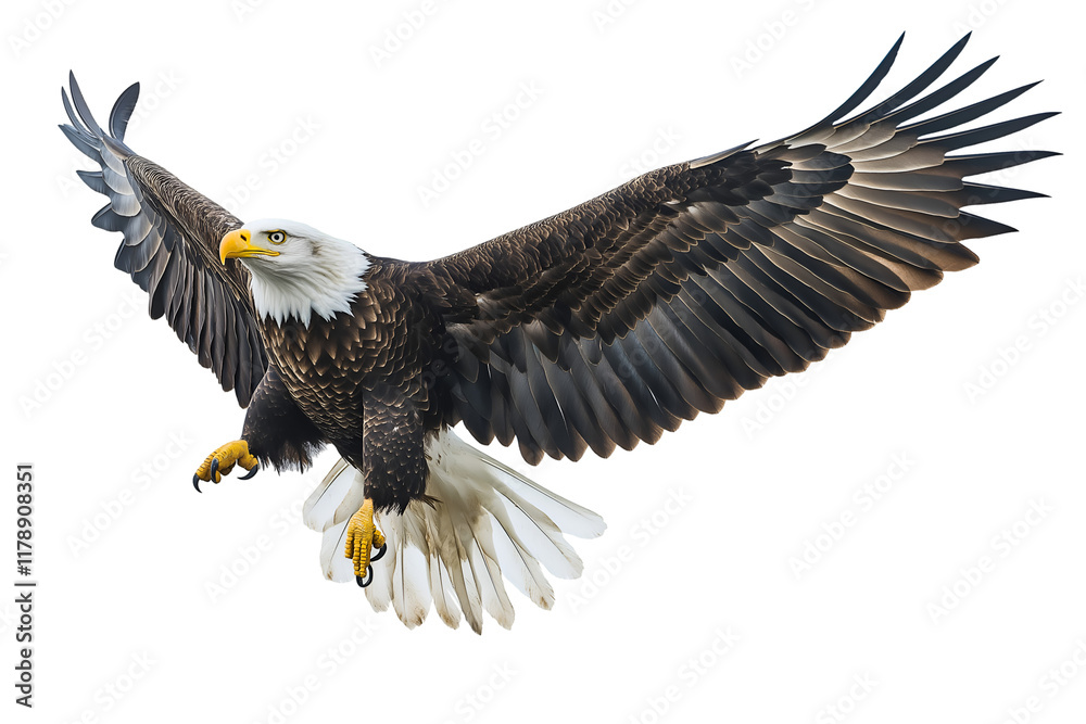 Fototapeta premium mature American bald eagle in flight and isolated on white, cut out.