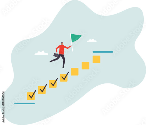 Progression from start to success, development or improvement, challenge to progress and win competition, tasks completion to finish project,.business concept.flat character.