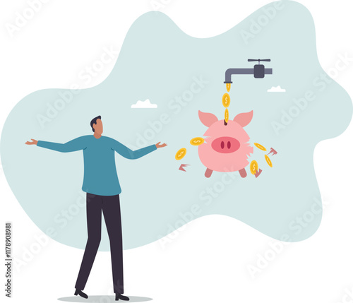Money leaking, overspending or expense that reducing wealth or saving, fees or debt money loss, bankruptcy or poor, spending concept,business concept.flat character.