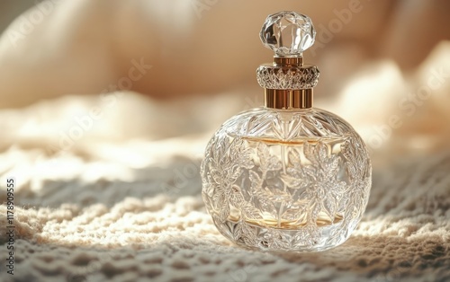 A minimalist perfume bottle with intricate floral patterns, set on a light-colored, blurred background to accentuate its delicate design photo