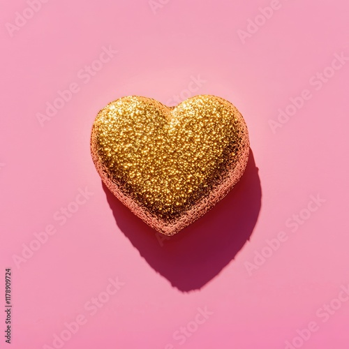 Valentine's Day Golden Glitter Heart Romantic Decor Pink Background Celebration Vibe Close-Up View Love Concept
