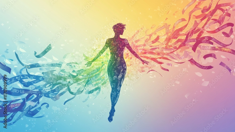 4.An artistic vector featuring a human figure composed of abstract ribbon shapes, with words like hope, strength, and unity radiating outward, on a pastel gradient background. 4.An artistic vector featuring a human figure composed of abstract ribbon shapes, with words like hope, strength, and unity radiating outward, on a pastel gradient background.