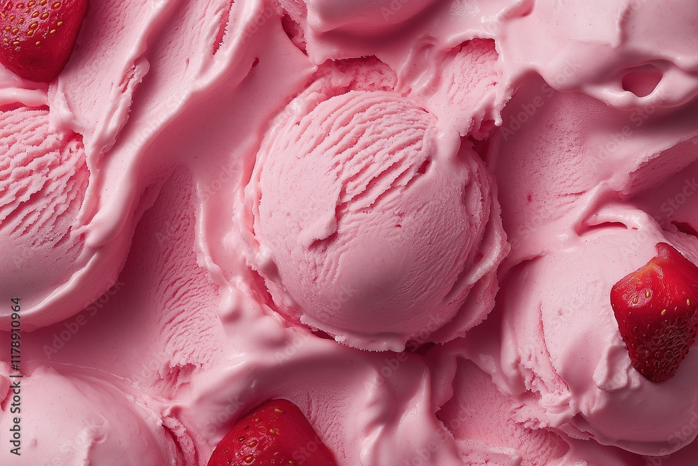 Creamy pink strawberry ice cream close-up with fresh strawberries