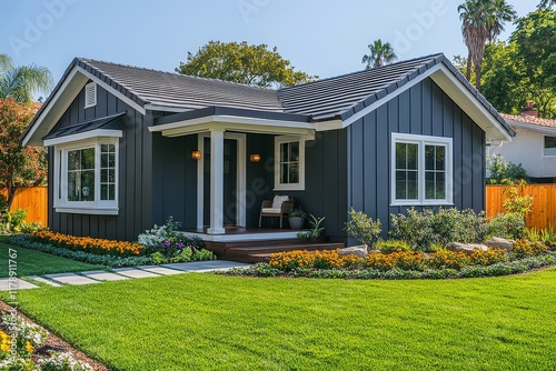 Charming Single-Story Home in Santa Monica with Gray Facade, White Trim, Green Yard, and Child's Play Area