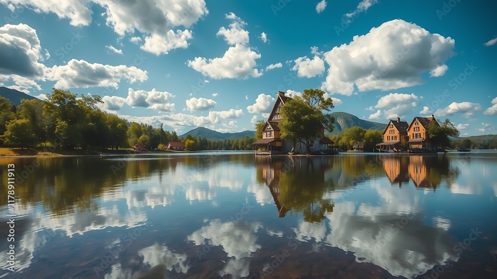Obraz premium Picturesque lakeside houses nestled on tranquil water, reflecting a vibrant sky and fluffy clouds, creating a serene and idyllic landscape.