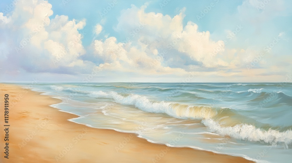 Fototapeta premium A calming beach scene with smooth waves and golden sand, framed by a pale blue sky and soft clouds
