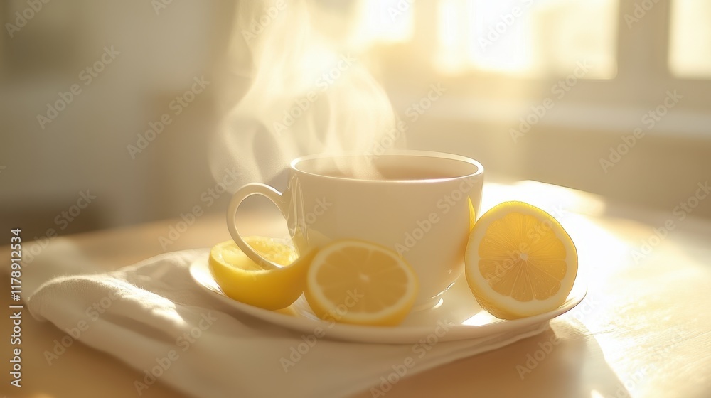 Warm Cup of Tea with Lemon Slices in Sunlight Warm Cup of Tea with Lemon Slices in Sunlight
