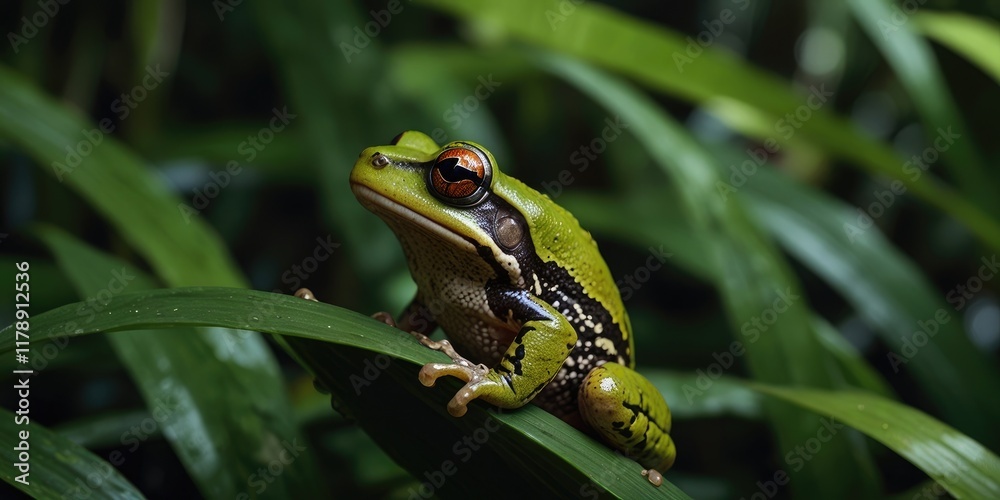 Obraz premium Rainforest frog, Rainforest Frog Among Lush Green Leaves 