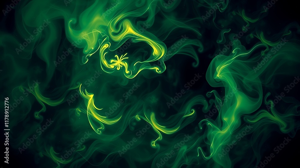 Obraz premium Abstract swirling green and yellow ink in water, creating a psychedelic and ethereal visual effect, ideal for backgrounds and designs.
