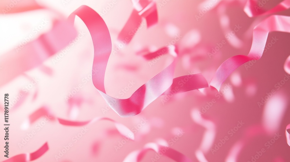 Obraz premium 98.A soft pink background with floating pink ribbons of various sizes, creating a sense of movement and lightness, ideal for Breast Cancer Awareness campaigns.