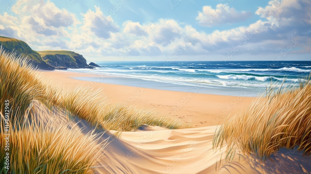 A calming coastal landscape with smooth waves and untouched golden sand, radiating serenity and warmth A calming coastal landscape with smooth waves and untouched golden sand, radiating serenity and warmth