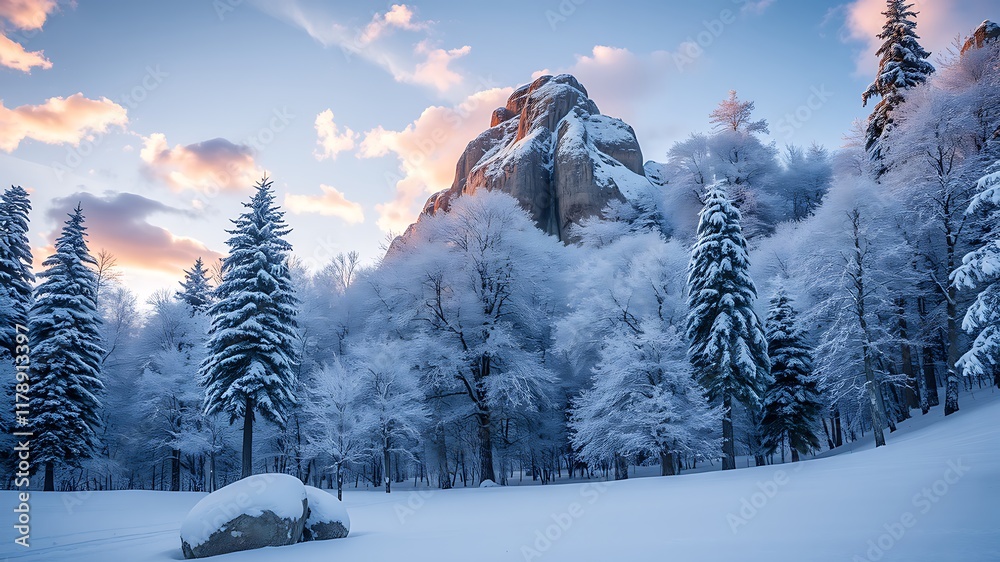 Fototapeta premium Majestic winter landscape featuring a snow-covered forest and a dramatic rock formation at sunset, creating a serene and picturesque scene.