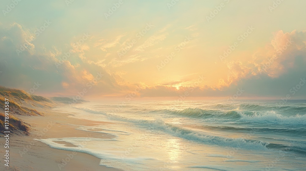 A calming coastal scene with a sandy beach and soft waves, bathed in the pastel hues of a tranquil sunrise A calming coastal scene with a sandy beach and soft waves, bathed in the pastel hues of a tranquil sunrise