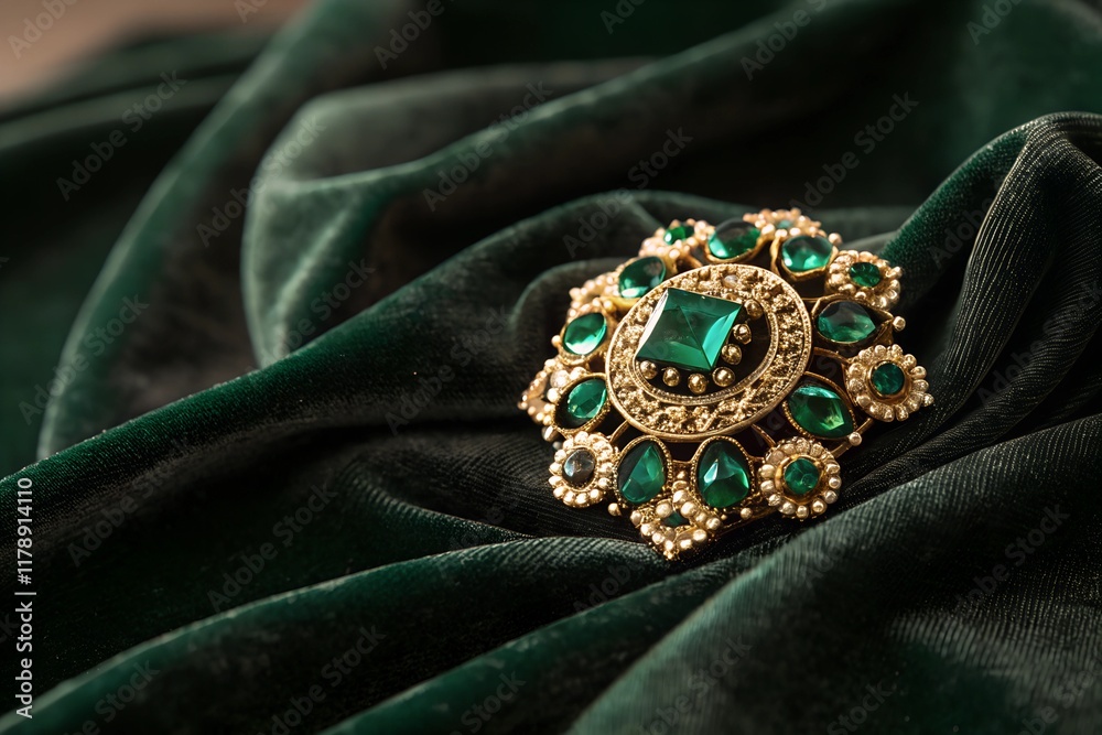 An emerald-studded brooch pinned on velvet fabric An emerald-studded brooch pinned on velvet fabric