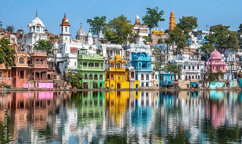 Fototapeta premium Colorful riverside buildings reflected in calm water, ideal for travel or cultural projects.