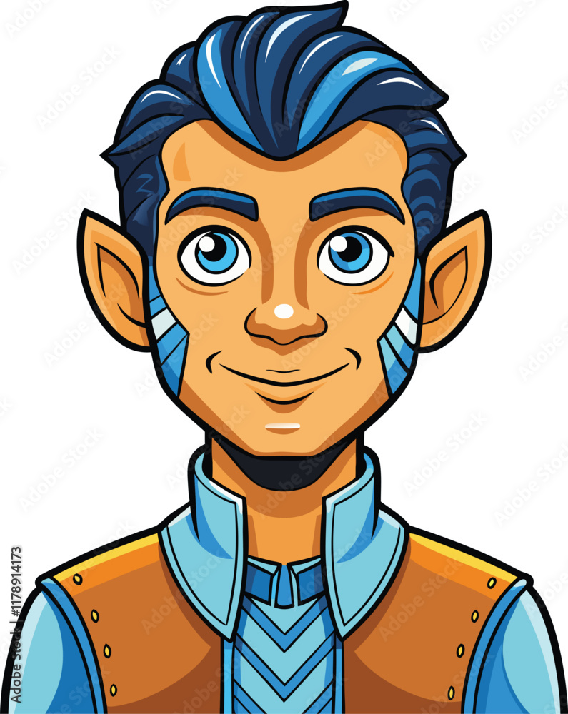 Stylized avatar of a young man with bright colors and fantasy inspired attire, perfect for representing characters in digital art or animation Stylized avatar of a young man with bright colors and fantasy inspired attire, perfect for representing characters in digital art or animation