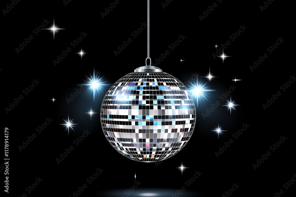 Obraz premium A dazzling disco ball hangs elegantly against a black background, radiating reflections of light and creating a vibrant and festive atmosphere perfect for parties.