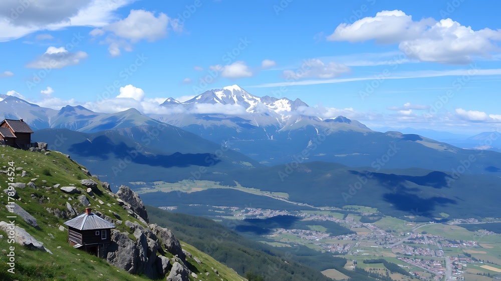 Fototapeta premium Panoramic view of the italian alps showcasing a breathtaking mountain range with two rustic cabins nestled on a verdant hillside.