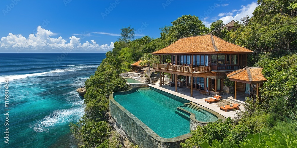 Fototapeta premium Luxurious oceanfront villa with infinity pool and tropical surroundings on a sunny day