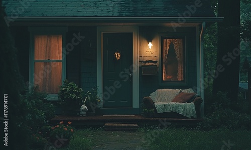 Cozy porch of illuminated house at dusk with couch and figure in window. photo