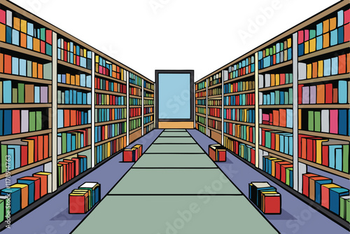 Detailed illustration of library bookshelves packed with books of various colors, representing knowledge, education, and inspiration