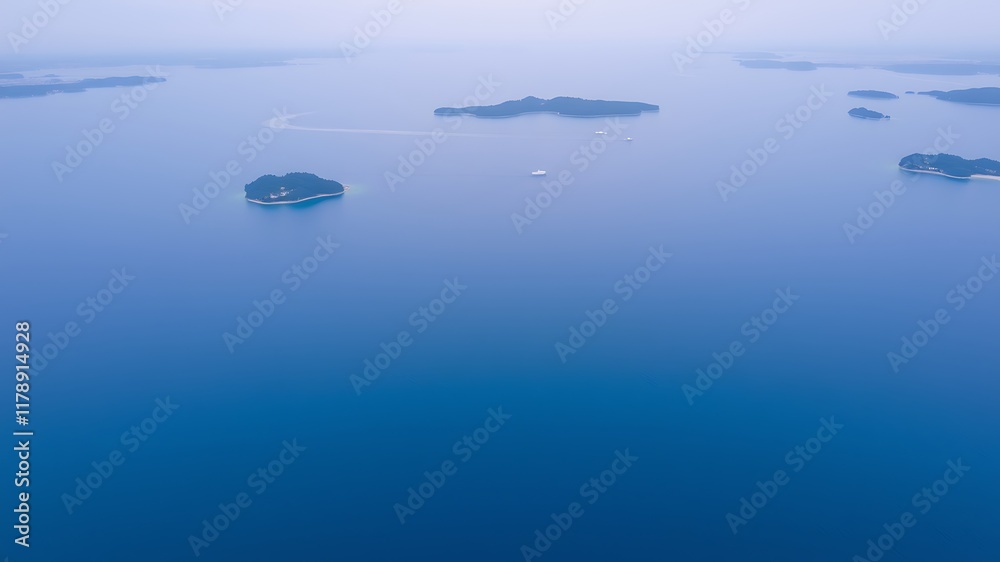An aerial view showcases serene islands nestled in a vast, tranquil blue ocean, with boats sailing peacefully across the water. An aerial view showcases serene islands nestled in a vast, tranquil blue ocean, with boats sailing peacefully across the water.