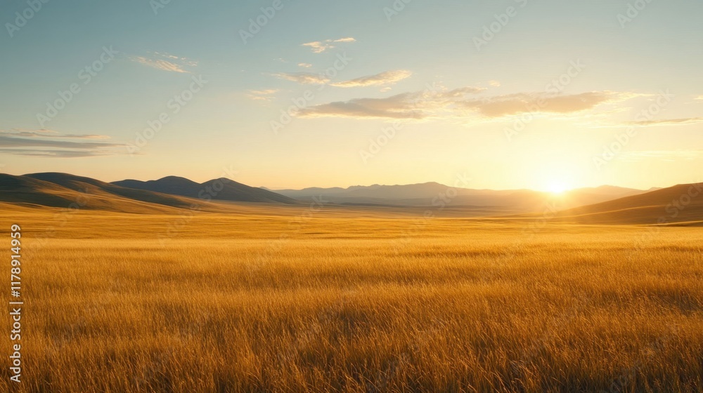 Serene Golden Field Under a Bright Blue Sky at Sunset Horizon Serene Golden Field Under a Bright Blue Sky at Sunset Horizon