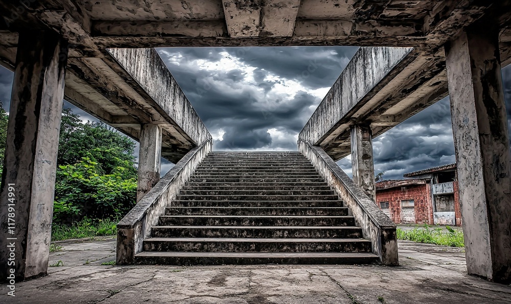 Fototapeta premium Crumbling concrete stairs ascend under stormy skies in abandoned building.