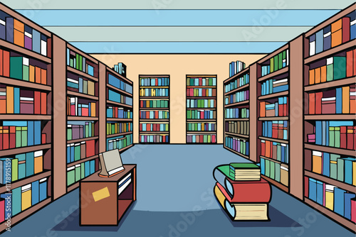 Bright and cheerful library illustration with shelves full of books, ideal for educational, creative, and inspirational design themes