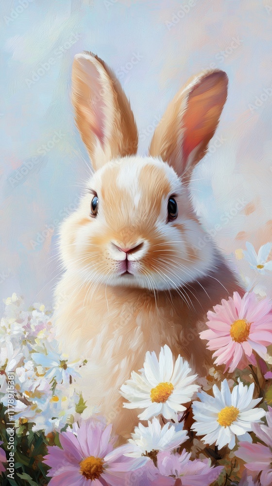 Little Bunny with spring flowers Easter Card, ai generated