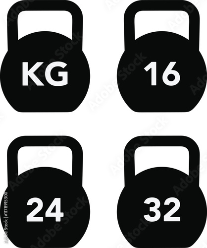 Weight icon set. Kg bell logo. Kettlebell, heavy sign. Iron dumbbell symbol in vector flat