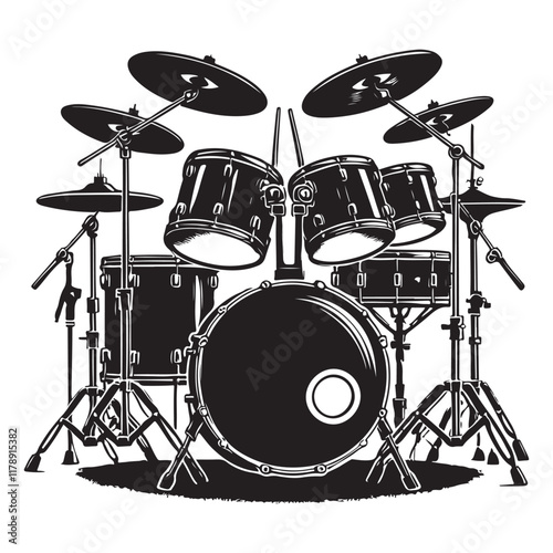 Drum Kit Silhouette Vector Illustration, Solid White Background.