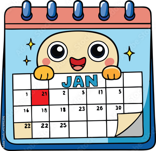January calendar with playful character illustrations and festive decorations for the new year