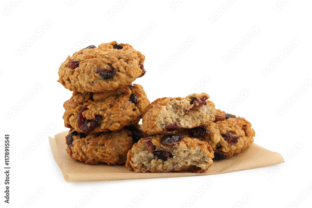 Delicious oatmeal cookies with dried cranberries and nuts isolated on white Delicious oatmeal cookies with dried cranberries and nuts isolated on white