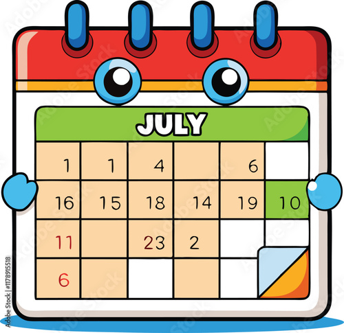 Fun and interactive July calendar featuring a cartoon boy flipping a date, designed for engaging educational content