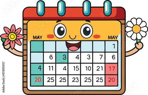 Adorable May calendar illustration with cheerful colors and a flower character, perfect for spring events or creative projects