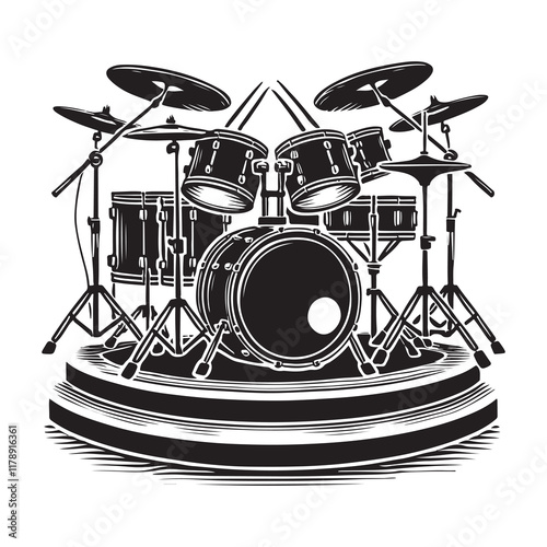 Drum Kit Silhouette Vector Illustration, Solid White Background.