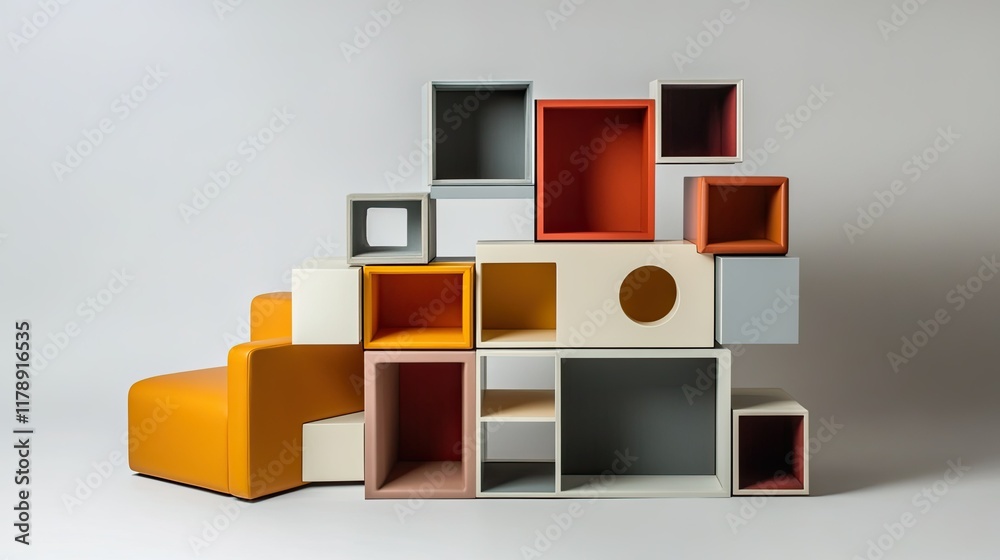 Modular Colorful Furniture Design: A Playful Arrangement of Cubes and Sofa Modular Colorful Furniture Design: A Playful Arrangement of Cubes and Sofa