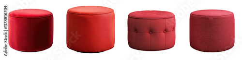 Set of four luxurious red velvet ottoman poufs arranged in a contemporary living room decor  The poufs feature a tufted design and offer comfortable seating or footrest options