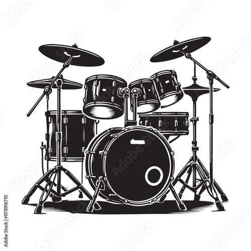 Drum Kit Silhouette Vector Illustration, Solid White Background.