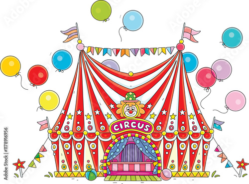 Fancy colorful circus tent decorated with red and white stripes, multi colored flags and flying holiday balloons, vector cartoon illustration on a white background