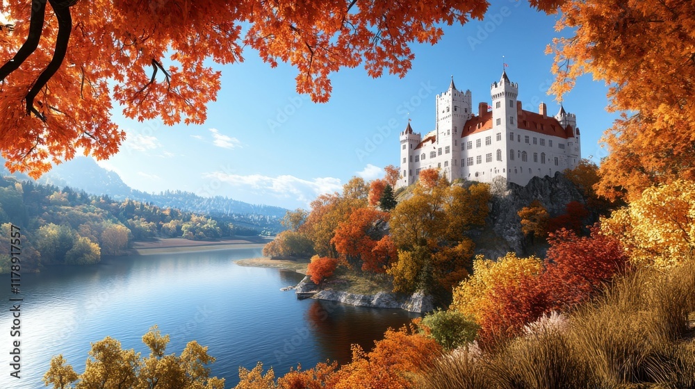 Obraz premium Autumn scenic view of a majestic castle by the lake colorful foliage serene landscape tranquil environment
