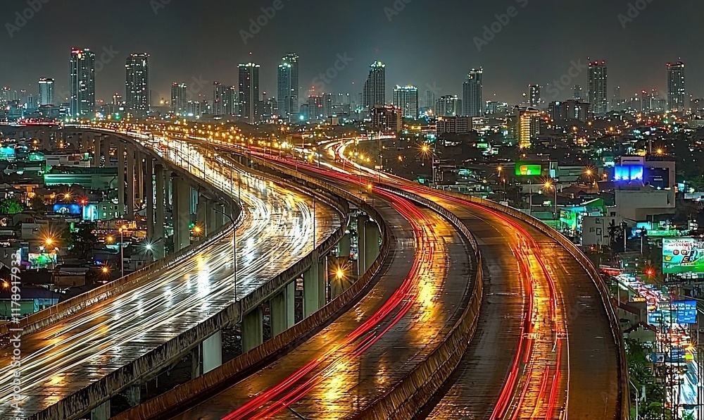 Obraz premium Elevated highway with light trails at night, city skyline background.