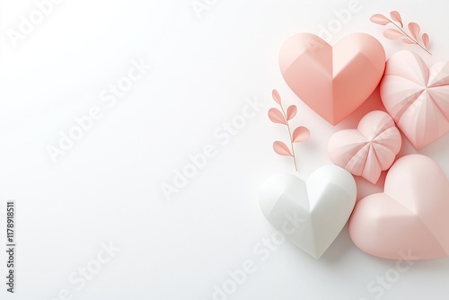 Pink and White Geometric Hearts on Minimalist White Background. Soft Shades Create Romantic and Elegant Mood. Perfect for Valentine's Day and Romantic Designs. AI generated