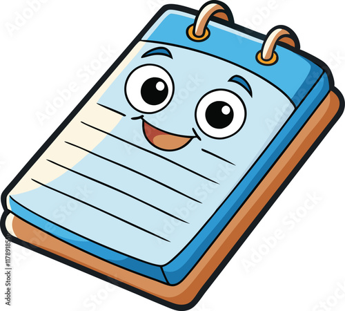 Cute cartoon notepad illustration with a happy face, colorful design, and lined pages, perfect for stationery, education, or creative projects